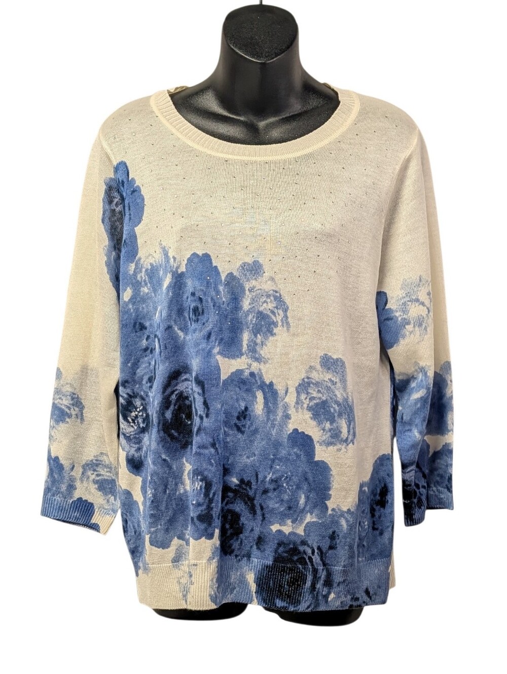 Cathy Daniels Womens Beige Blue Floral Studded Knit Crew Pullover Sweater L